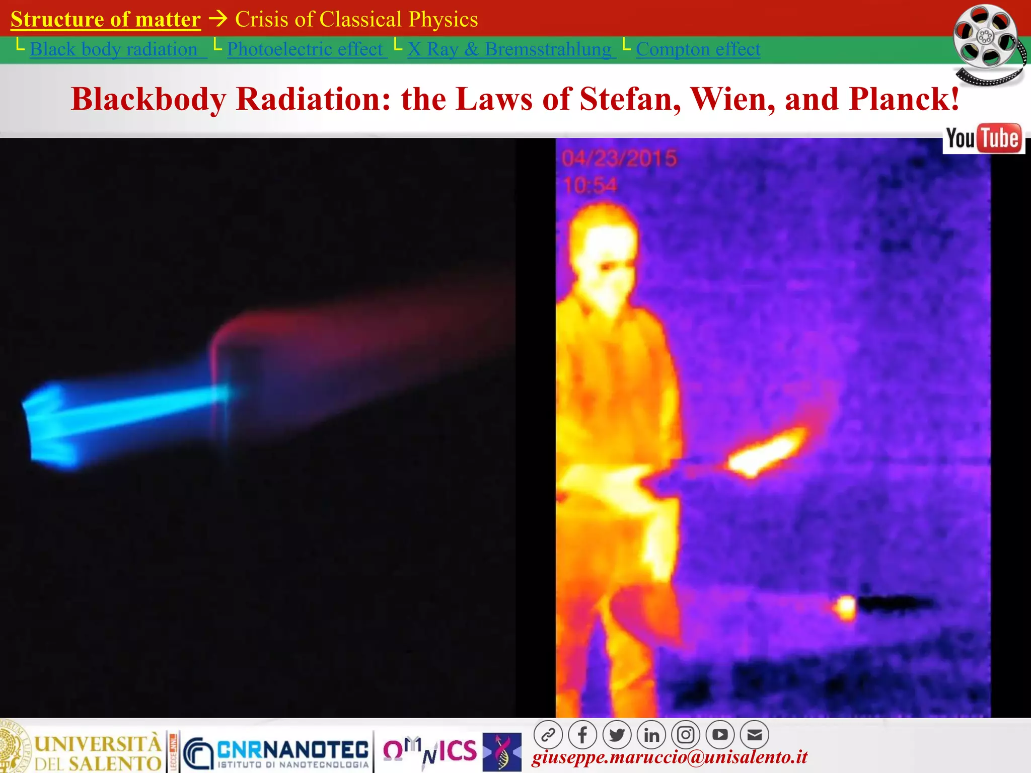 giuseppe.maruccio@unisalento.it
Structure of matter  Crisis of Classical Physics
└ Black body radiation └ Photoelectric effect └ X Ray & Bremsstrahlung └ Compton effect
Blackbody Radiation: the Laws of Stefan, Wien, and Planck!
 