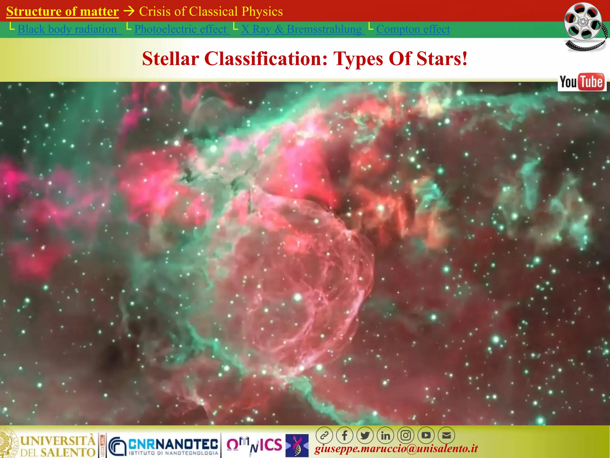 giuseppe.maruccio@unisalento.it
Structure of matter  Crisis of Classical Physics
└ Black body radiation └ Photoelectric effect └ X Ray & Bremsstrahlung └ Compton effect
Stellar Classification: Types Of Stars!
 