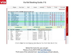 Via Rail Booking Guide: P 6 Below the trains list, you can get : Status of any IRCTC PNR  Get PNR Status . Full route of the selected train  Get Full Route  (shown above).   