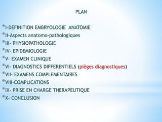 PLAN
*I-DEFINITION EMBRYOLOGIE ANATOMIE
*II-Aspects anatomo-pathologiques
*III- PHYSIOPATHOLOGIE
*IV- EPIDEMIOLOGIE
*V- EXAMEN CLINIQUE
*VI- DIAGNOSTICS DIFFERENTIELS (pièges diagnostiques)
*VII- EXAMENS COMPLEMENTAIRES
*VIII-COMPLICATIONS
*IX- PRISE EN CHARGE THERAPEUTIQUE
*X- CONCLUSION
 