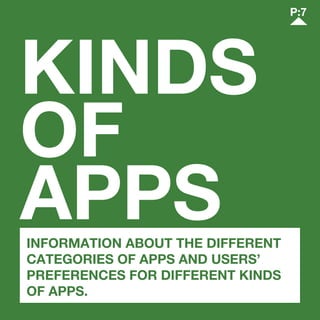 KINDS
OF
APPS
P:7
INFORMATION ABOUT THE DIFFERENT
CATEGORIES OF APPS AND USERS’
PREFERENCES FOR DIFFERENT KINDS
OF APPS.
 