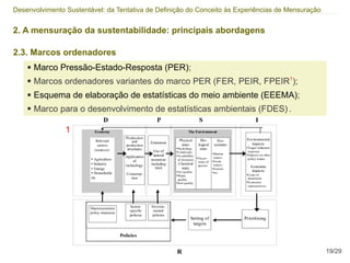 Desenvolvimento Sustentável: da Tentativa de Definição do Conceito às Experiências de Mensuração


2. A mensuração da sustentabilidade: principais abordagens

2.3. Marcos ordenadores
    ●   Marco Pressão-Estado-Resposta (PER);
    ●   Marcos ordenadores variantes do marco PER (FER, PEIR, FPEIR1);
    ●   Esquema de elaboração de estatísticas do meio ambiente (EEEMA);
    ●   Marco para o desenvolvimento de estatísticas ambientais (FDES) .

                1




                                                                                                   19/29
 
