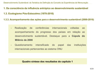 Desenvolvimento Sustentável: da Tentativa de Definição do Conceito às Experiências de Mensuração


1. Da consciência da influência antrópica ao desenvolvimento sustentável

1.3. Ecologismo Pós-Estocolmo (1970-2010)

1.3.3. Acompanhamento das ações para o desenvolvimento sustentável (2000-2010)


        -   Realização       de     conferências       internacionais      voltadas      ao
            acompanhamento do progresso dos países em relação ao
            desenvolvimento sustentável. Destaque para a Cúpula do
            Milênio de 2000

        -   Questionamento          intensificado      do    papel      das     instituições
            internacionais pertencentes ao sistema ONU




                     Quadro síntese dos resultados do capítulo 1

                                                                                                   8/29
 
