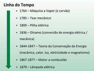 Linha do Tempo
 1764 – Máquina a Vapor (e carvão)
 1785 – Tear mecânico
 1800 – Pilha elétrica
 1836 – Dínamo (conversão de energia elétrica /
mecânica)
 1844-1847 – Teoria da Conservação da Energia
(mecânica, calor, luz, eletricidade e magnetismo)
 1867-1877 – Motor a combustão
 1879 – Lâmpada elétrica
 