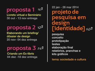 proposta 1

15%

Livreto virtual e Seminário 
30 out - 13 nov entrega

proposta 2

10%

Elaborando um briefing/
dôssier de design
20 nov- 04 dez entrega

proposta 3 25%
Criando um Ex-libris
04 dez -18 dez entrega

22 jan - 26 mar 2014

projeto de
pesquisa em
design
[identidade] 50%
pesquisa
conceito
prototipação
testes
elaboração final
relatórios, pranchas e
kits gráficos
tema: sociedade e cultura

 