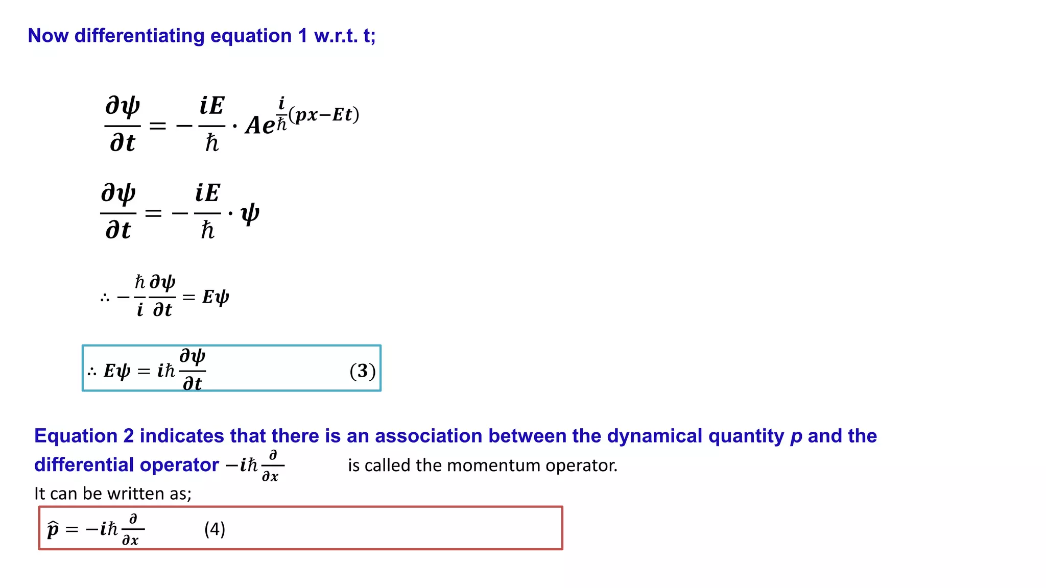 Now differentiating equation 1 w.r.t. t;
𝝏𝝍
𝝏𝒕
= −
𝒊𝑬
ℏ
∙ 𝑨𝒆
𝒊
ℏ
𝒑𝒙−𝑬𝒕
𝝏𝝍
𝝏𝒕
= −
𝒊𝑬
ℏ
∙ 𝝍
∴ −
ℏ
𝒊
𝝏𝝍
𝝏𝒕
= 𝑬𝝍
∴ 𝑬𝝍 = 𝒊ℏ
𝝏𝝍
𝝏𝒕
(𝟑)
Equation 2 indicates that there is an association between the dynamical quantity p and the
differential operator −𝒊ℏ
𝝏
𝝏𝒙
is called the momentum operator.
It can be written as;
𝒑 = −𝒊ℏ
𝝏
𝝏𝒙
(4)
 