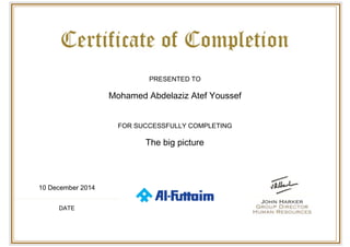  
 
PRESENTED TO
Mohamed Abdelaziz Atef Youssef
FOR SUCCESSFULLY COMPLETING
The big picture
10 December 2014
DATE
 
 