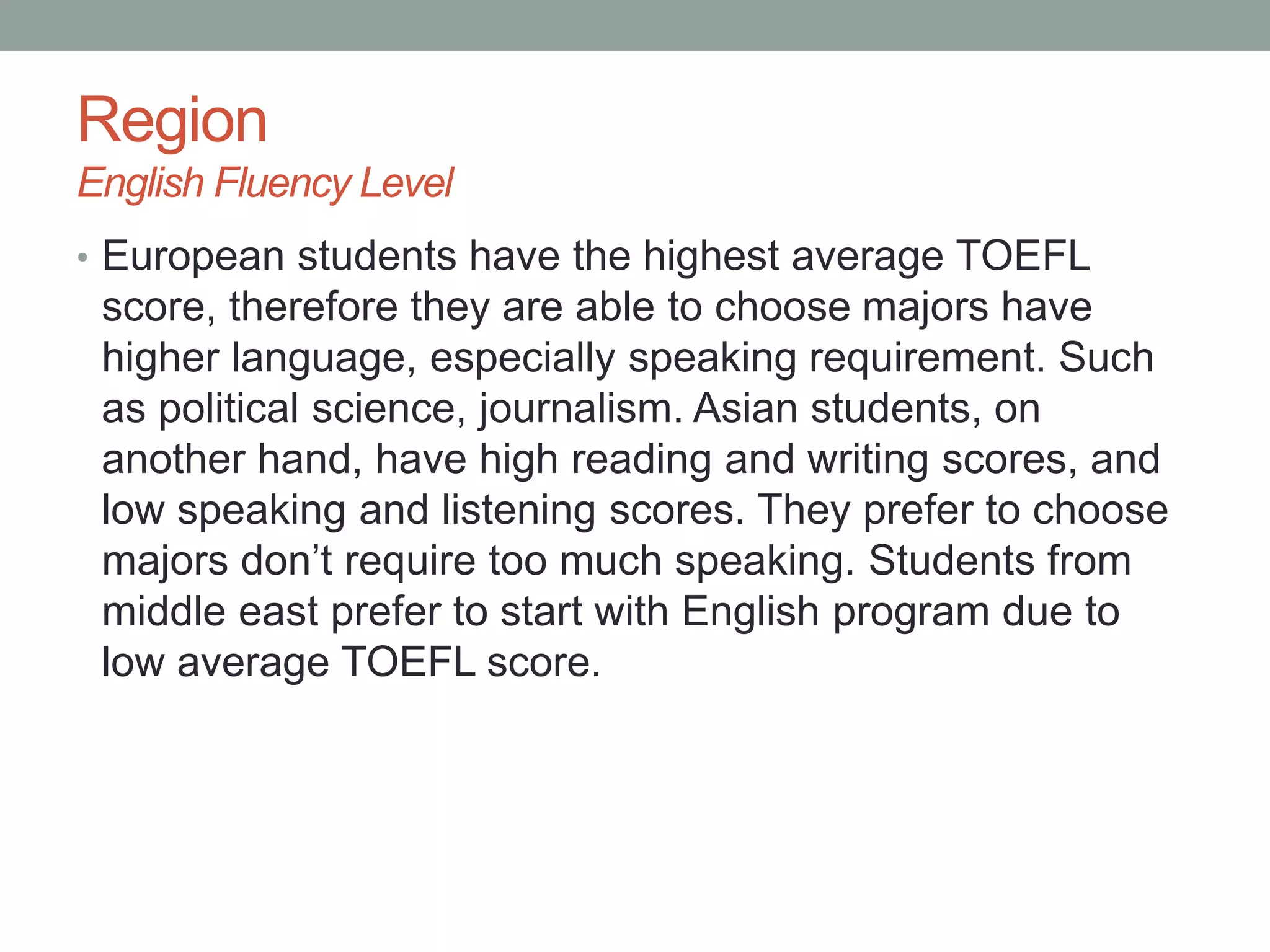 Region
English Fluency Level
• European students have the highest average TOEFL
score, therefore they are able to choose majors have
higher language, especially speaking requirement. Such
as political science, journalism. Asian students, on
another hand, have high reading and writing scores, and
low speaking and listening scores. They prefer to choose
majors don’t require too much speaking. Students from
middle east prefer to start with English program due to
low average TOEFL score.
 