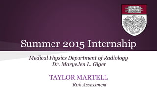 Summer 2015 Internship
Medical Physics Department of Radiology
Dr. Maryellen L. Giger
TAYLOR MARTELL
Risk Assessment
 