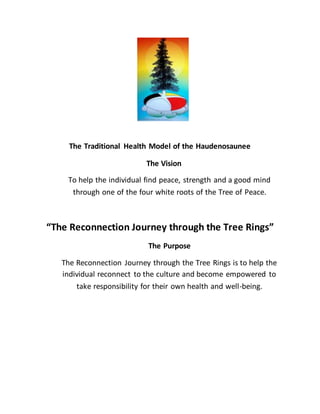The Traditional Health Model of the Haudenosaunee
The Vision
To help the individual find peace, strength and a good mind
through one of the four white roots of the Tree of Peace.
“The Reconnection Journey through the Tree Rings”
The Purpose
The Reconnection Journey through the Tree Rings is to help the
individual reconnect to the culture and become empowered to
take responsibility for their own health and well-being.
 