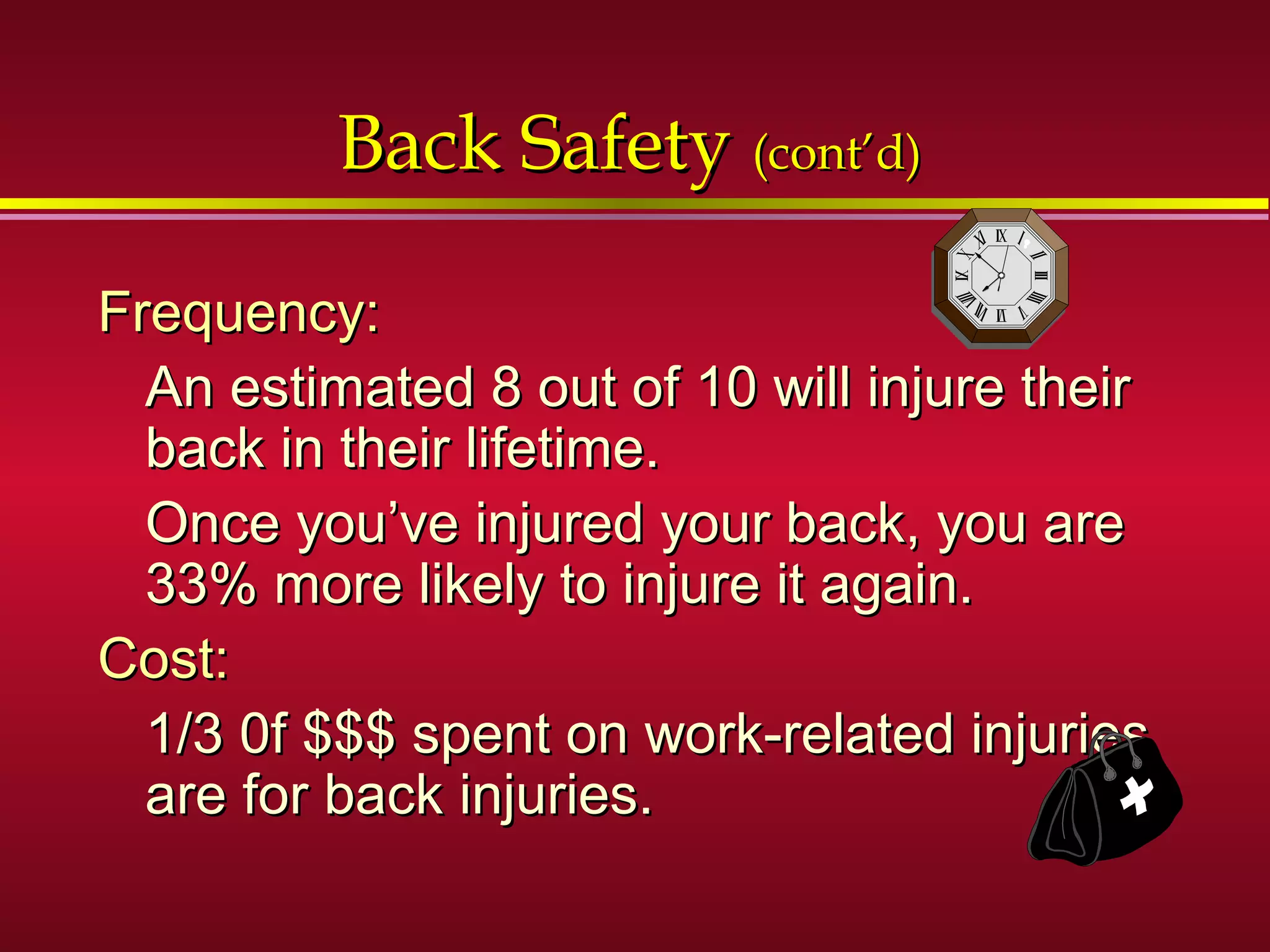 Back SafetyBack Safety (cont’d)(cont’d)
Frequency:Frequency:
An estimated 8 out of 10 will injure theirAn estimated 8 out of 10 will injure their
back in their lifetime.back in their lifetime.
Once you’ve injured your back, you areOnce you’ve injured your back, you are
33% more likely to injure it again.33% more likely to injure it again.
Cost:Cost:
1/3 0f $$$ spent on work-related injuries1/3 0f $$$ spent on work-related injuries
are for back injuries.are for back injuries.
 