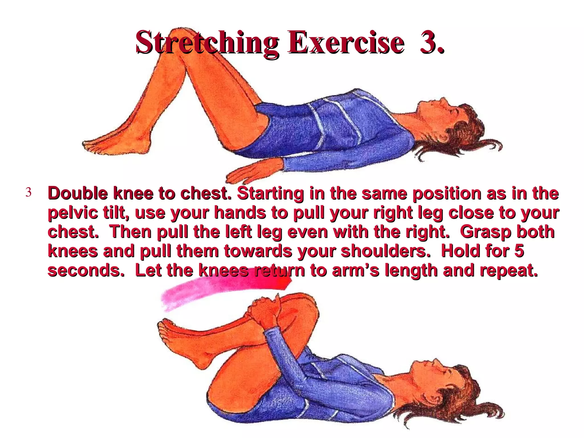 Stretching Exercise 3.Stretching Exercise 3.
3 Double knee to chest.Double knee to chest. Starting in the same position as in theStarting in the same position as in the
pelvic tilt, use your hands to pull your right leg close to yourpelvic tilt, use your hands to pull your right leg close to your
chest. Then pull the left leg even with the right. Grasp bothchest. Then pull the left leg even with the right. Grasp both
knees and pull them towards your shoulders. Hold for 5knees and pull them towards your shoulders. Hold for 5
seconds. Let the knees return to arm’s length and repeat.seconds. Let the knees return to arm’s length and repeat.
 