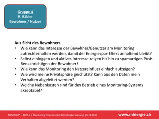 www.minergie.ch
Gruppe 4
R. Bäbler
Bewohner / Nutzer
MINERGIE® – ERFA-2 | Monitoring: Chancen der Betriebsüberwachung, 05....