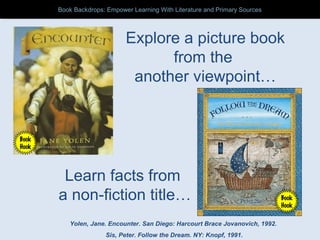Explore a picture book
from the
another viewpoint…
Learn facts from
a non-fiction title…
Yolen, Jane. Encounter. San Diego: Harcourt Brace Jovanovich, 1992.
Sis, Peter. Follow the Dream. NY: Knopf, 1991.
Book
Hook
Book
Hook
Book Backdrops: Empower Learning With Literature and Primary SourcesBook Backdrops: Empower Learning With Literature and Primary Sources
 