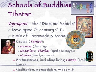 Schools of Buddhism - Tibetan Vajrayana  – the “Diamond Vehicle” Developed 7 th  century C.E. A mix of Theravada & Mahayana: Rituals ( Tantra ): Mantras  (chanting) Mandalas  &  Thankas  (symbolic images)  Mudras  (hand gestures) Bodhisattvas , including living  Lamas  (Dalai Lama) Meditation, monasticism, wisdom & compassion Bardo Thodol  -Tibetan Book of the Dead 