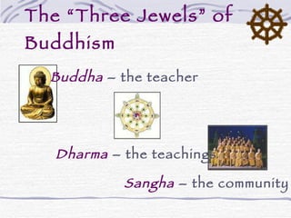 The “Three Jewels” of Buddhism Buddha  – the teacher Dharma  – the teachings Sangha  – the community 