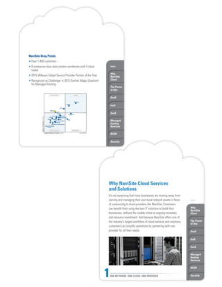 Intro
Why
NaviSite
Cloud
The Power
of One
DaaS
IaaS
SaaS
Managed
Hosting
Services
BCDR
Security
Why
NaviSite
Cloud
The Power
of One
DaaS
IaaS
SaaS
Managed
Hosting
Services
BCDR
Security
NaviSite Brag Points
• Over 1,400 customers
• 9 enterprise-class data centers worldwide with 5 cloud
nodes
• 2015 VMware Global Service Provider Partner of the Year
• Recognized as Challenger in 2015 Gartner Magic Quadrant
for Managed Hosting
LEADERSCHALLENGERS
NICHE PLAYERS VISIONARIES
COMPLETENESS OF VISION
ABILITYTOEXECUTE
As of July 2015
Virtustream
Peak10
SingleHop
NTT Communications
CSC
Verizon
FireHost
CenturyLink
IBM
Hosting
Datapipe
Rackspace
Internap
Windstream Hosted Solutions
Sungard Availability
Services
Zayo
NaviSite
ATT
Dimension Data
Why NaviSite Cloud Services
and Solutions
It’s not surprising that more businesses are moving away from
owning and managing their own local network assets in favor
of outsourcing to cloud providers like NaviSite. Customers
can benefit from using the best IT solutions to build their
businesses, without the sizable initial or ongoing monetary
and resource investment. And because NaviSite offers one of
the industry’s largest portfolios of cloud services and solutions,
customers can simplify operations by partnering with one
provider for all their needs.
ONE NETWORK. ONE CLOUD. ONE PROVIDER.1
Intro
 