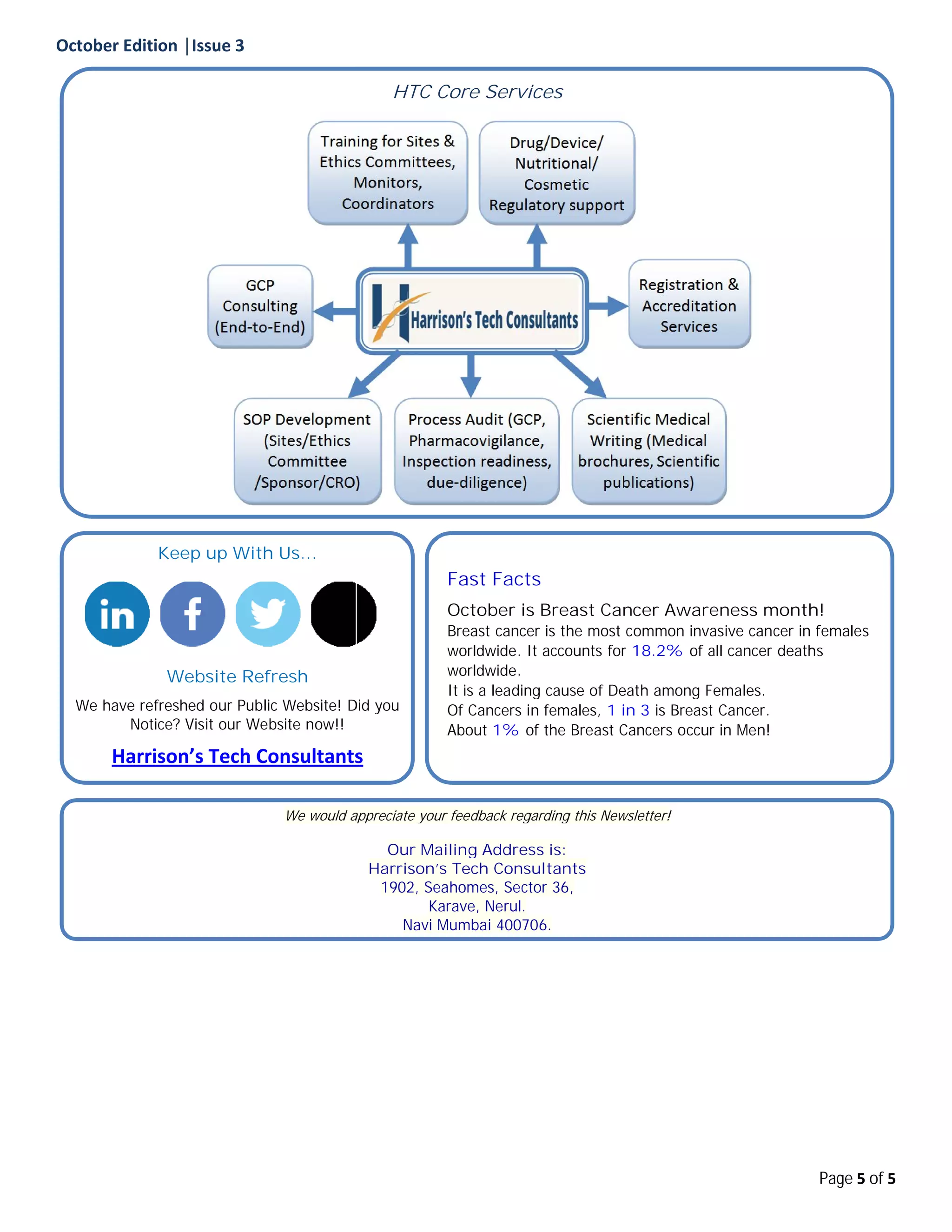 October Edition │Issue 3
Keep up With Us…
Website Refresh
We have refreshed our Public Website! Did you
Notice? Visit our Website now!!
Harrison’s Tech Consultants
We would appreciate your feedback regarding this Newsletter!
We have refreshed our Public Website! Did you
Harrison’s Tech Consultants
HTC Core Services
Fast Facts
October is Breast Cancer Awareness month!
Breast cancer is the most common invasive cancer in females
worldwide. It accounts for 18.2% of all cancer deaths
worldwide.
It is a leading cause of Death among Females.
Of Cancers in females, 1 in 3 is Breast Cancer
About 1% of the Breast Cancers occur in Men!
appreciate your feedback regarding this Newsletter!
Our Mailing Address is:
Harrison’s Tech Consultants
1902, Seahomes, Sector 36,
Karave, Nerul.
Navi Mumbai 400706.
Page 5 of 5
Awareness month!
Breast cancer is the most common invasive cancer in females
of all cancer deaths
It is a leading cause of Death among Females.
Breast Cancer.
st Cancers occur in Men!
 