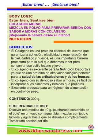BODY LOGIC
Estar bien, Sentirse bien
COLAGENO MORAS
MEZCLA EN POLVO PARA PREPARAR BEBIDA CON
SABOR A MORAS CON COLÁGENO.
¡Mejorando la belleza desde el interior!
NUTRICIÓN
BENEFICIOS:
• El Colágeno es una proteína esencial del cuerpo que
garantiza la cohesión, elasticidad y regeneración de
la piel, cartílago y huesos, es una importante barrera
protectora para la piel que debemos tener para
conservar ese estilo lozano y joven.
• El colágeno es excelente para la Nutrición Deportiva
ya que es una proteína de alto valor biológico perfecta
para la salud de las articulaciones y de los huesos.
• El colágeno con su delicioso sabor a moras, es fácil de
incorporar a los alimentos y bebidas que prefieras.
• Excelente producto para un régimen de alimentación
en control de peso.
CONTENIDO: 300 g.
SUGERENCIAS DE USO:
Disolver una medida de 10 g. (cucharada contenida en
el bote) en un vaso con agua tibia, mezclar con jugo o
lacteos y agitar hasta que se disuelva completamente.
Tomar una porción por día.
101010
¡Estar bien! ... ¡Sentirse bien!
www.blpe.wordpress.comwww.blpe.wordpress.comwww.blpe.wordpress.com
 