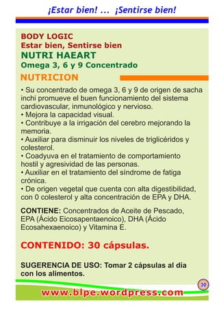 303030
¡Estar bien! ... ¡Sentirse bien!
CONTIENE: Concentrados de Aceite de Pescado,
EPA (Ácido Eicosapentaenoico), DHA (Ácido
Ecosahexaenoico) y Vitamina E.
CONTENIDO: 30 cápsulas.
SUGERENCIA DE USO: Tomar 2 cápsulas al día
con los alimentos.
BODY LOGIC
Estar bien, Sentirse bien
NUTRI HAEART
Omega 3, 6 y 9 Concentrado
NUTRICION
• Su concentrado de omega 3, 6 y 9 de origen de sacha
inchi promueve el buen funcionamiento del sistema
cardiovascular, inmunológico y nervioso.
• Mejora la capacidad visual.
• Contribuye a la irrigación del cerebro mejorando la
memoria.
• Auxiliar para disminuir los niveles de triglicéridos y
colesterol.
• Coadyuva en el tratamiento de comportamiento
hostil y agresividad de las personas.
• Auxiliar en el tratamiento del síndrome de fatiga
crónica.
• De origen vegetal que cuenta con alta digestibilidad,
con 0 colesterol y alta concentración de EPA y DHA.
www.blpe.wordpress.comwww.blpe.wordpress.comwww.blpe.wordpress.com
 