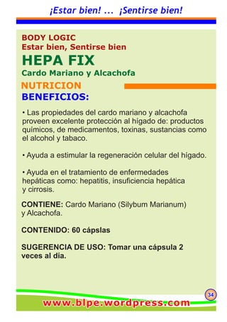 343434
¡Estar bien! ... ¡Sentirse bien!
CONTIENE: Cardo Mariano (Silybum Marianum)
y Alcachofa.
CONTENIDO: 60 cápslas
SUGERENCIA DE USO: Tomar una cápsula 2
veces al día.
BODY LOGIC
Estar bien, Sentirse bien
HEPA FIX
Cardo Mariano y Alcachofa
NUTRICION
BENEFICIOS:
• Las propiedades del cardo mariano y alcachofa
proveen excelente protección al hígado de: productos
químicos, de medicamentos, toxinas, sustancias como
el alcohol y tabaco.
• Ayuda a estimular la regeneración celular del hígado.
• Ayuda en el tratamiento de enfermedades
hepáticas como: hepatitis, insuficiencia hepática
y cirrosis.
www.blpe.wordpress.comwww.blpe.wordpress.comwww.blpe.wordpress.com
 