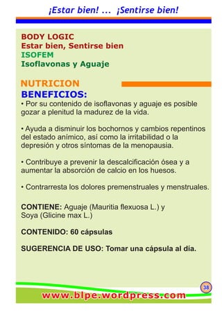 383838
¡Estar bien! ... ¡Sentirse bien!
CONTIENE: Aguaje (Mauritia flexuosa L.) y
Soya (Glicine max L.)
CONTENIDO: 60 cápsulas
SUGERENCIA DE USO: Tomar una cápsula al día.
BODY LOGIC
Estar bien, Sentirse bien
ISOFEM
Isoflavonas y Aguaje
NUTRICION
BENEFICIOS:
• Por su contenido de isoflavonas y aguaje es posible
gozar a plenitud la madurez de la vida.
• Ayuda a disminuir los bochornos y cambios repentinos
del estado anímico, así como la irritabilidad o la
depresión y otros síntomas de la menopausia.
• Contribuye a prevenir la descalcificación ósea y a
aumentar la absorción de calcio en los huesos.
• Contrarresta los dolores premenstruales y menstruales.
www.blpe.wordpress.comwww.blpe.wordpress.comwww.blpe.wordpress.com
 