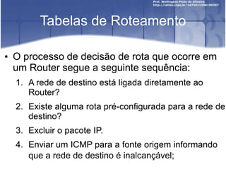 Tabelas de Roteamento
• O processo de decisão de rota que ocorre em
um Router segue a seguinte sequência:
1. A rede de destino está ligada diretamente ao
Router?
2. Existe alguma rota pré-configurada para a rede de
destino?
3. Excluir o pacote IP.
4. Enviar um ICMP para a fonte origem informando
que a rede de destino é inalcançável;
 