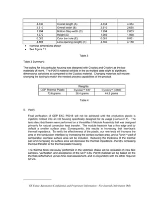 4.330 Overall length (A) 4.334 4.354
2.610 Overall width (B) 2.610 2.635
1.994 Bottom Step width (C) 1.994 2.003
1.970 Height (D) 1.959 1.968
0.062 Color bar hole (E) 0.061 0.061
4.101 Lens opening (length) (F) 4.105 4.110
• Nominal dimensions shown
• See Figure 11
Table 3
Table 3 Summary:
The tooling for this particular housing was designed with Cycolac and Cycoloy as the two
materials of intent. The P0018 material exhibits in the as-molded state slight to significant
dimensional variations as compared to the Cycolac material. Changing materials will require
changing the tooling to match the needed process capabilities of the product.
Weights
GEP Thermal Plastic Cycolac™ X37 Cycoloy™ C2800
73.6 grams 38.4 grams 44.3 grams
Table 4
5. Verify
Final verification of GEP EXC P0018 will not be achieved until the production plastic is
injection molded into an I/O housing specifically designed for its usage (Genius® X). The
tests described herein were performed on a VersaMax® Module Assembly that was designed
primarily for natural convection heat transfer. The module heatsink has a thin edge and by
default a smaller surface area. Consequently, this results in increasing that interface’s
thermal impedance. To verify the effectiveness of the plastic, our new tests will increase the
area of the conduction interface by increasing the contact surface area, and a Furon™ pad of
comparable interface surface area will be included. Reducing the thickness of the thermal
pad and increasing its surface area will decrease the thermal impedance--thereby increasing
the heat transfer to the thermal plastic housing.
The thermal tests previously performed in the Optimize phase will be repeated on new test
samples. Verification and acceptance of the GEP EXC P0018 material will be based on the
thermal performance verses final cost assessment, and in conjunction with the other required
CTQ’s.


GE Fanuc Automation Confidential and Proprietary Information—For Internal Distribution Only
 