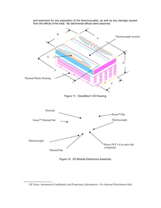 and examined for any separation of the thermocouples, as well as any damage caused
from the effects of the heat. No detrimental effects were observed.
Figure 11: VerasMax® I/O Housing
Figure 12: I/O Module Electronics Assembly

GE Fanuc Automation Confidential and Proprietary Information—For Internal Distribution Only

Thermocouple
Thermocouple
Thermocouple location
Furon™ Thermal Pad
Heatsink
Power FET’s 4 on each side
of heatsink
Thermal Pad
Thermal Plastic Housing
Poron™ Pad
A
B
F
C
D
E
 