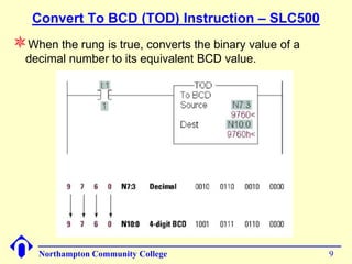 Convert To BCD (TOD) Instruction – SLC500
When the rung is true, converts the binary value of a
  decimal number to its equivalent BCD value.




    Northampton Community College                        9
 