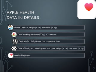 APPLE HEALTH - RAW EXPORT
PERSONAL, FITNESS, MEDICAL INFO
Date of birth, sex, blood group, skin type, height (in cm), and ...