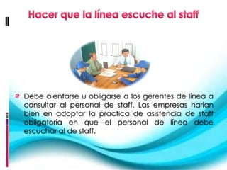 Debe alentarse u obligarse a los gerentes de línea a
consultar al personal de staff. Las empresas harían
bien en adoptar la práctica de asistencia de staff
obligatoria en que el personal de línea debe
escuchar al de staff.
 