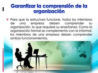 Para que la estructura funcione, todos los miembros
de    una    empresa     deben     comprender    su
organización, lo que requiere su enseñanza. Como la
organización formal se complementa con la informal,
los miembros de una empresa deben comprender
ambos funcionamientos.
 