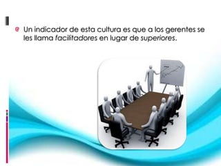 Un indicador de esta cultura es que a los gerentes se
les llama facilitadores en lugar de superiores.
 