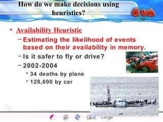 How do we make decisions using 
– Estimating the likelihood of events 
based on their availability in memory. 
– Is it safer to fly or drive? 
– 2002-2004 
100 
Intelligence Gardner 
heuristics? 
• Availability Heuristic 
• 34 deaths by plane 
• 128,000 by car 
Cognition Concepts Problems A.I. Creativity 
I.Q. Wechsler Bias Delay Terman Heredity 
Animal 
 