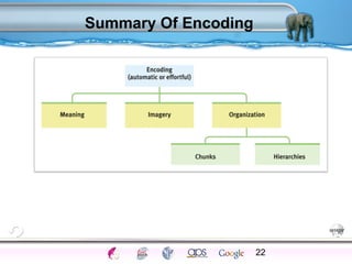 Summary Of Encoding 
22 
Processes Models Sensory Attention STM LTM Networks 
Cues Eyewitness Problems False Forgetting Formation Alzheimer’s 
 