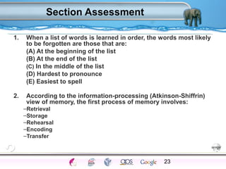 Section Assessment 
1. When a list of words is learned in order, the words most likely 
to be forgotten are those that are: 
(A) At the beginning of the list 
(B) At the end of the list 
(C) In the middle of the list 
(D) Hardest to pronounce 
(E) Easiest to spell 
2. According to the information-processing (Atkinson-Shiffrin) 
view of memory, the first process of memory involves: 
–Retrieval 
–Storage 
–Rehearsal 
–Encoding 
–Transfer 
23 
Processes Models Sensory Attention STM LTM Networks 
Cues Eyewitness Problems False Forgetting Formation Alzheimer’s 
 