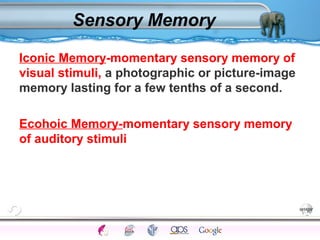 Sensory Memory 
Iconic Memory-momentary sensory memory of 
visual stimuli, a photographic or picture-image 
memory lasting for a few tenths of a second. 
Ecohoic Memory-momentary sensory memory 
of auditory stimuli 
Processes Models Sensory Attention STM LTM Networks 
Cues Eyewitness Problems False Forgetting Formation Alzheimer’s 
 