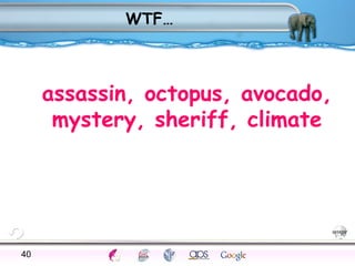 WTF… 
assassin, octopus, avocado, 
mystery, sheriff, climate 
40Processes Models Sensory Attention STM LTM Networks 
Cues Eyewitness Problems False Forgetting Formation Alzheimer’s 
 