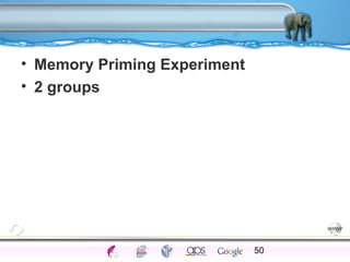 • Memory Priming Experiment 
• 2 groups 
50 
Processes Models Sensory Attention STM LTM Networks 
Cues Eyewitness Problems False Forgetting Formation Alzheimer’s 
 
