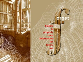 Failure 
to 
properly 
store 
information 
for 
future 
use 
orget 
Processes Models Sensory Attention STM LTM Networks 
Cues Eyewitness Problems False Forgetting Formation Alzheimer’s 
 