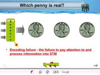 Which penny is real? 
Se 
ns 
or 
y 
• Encoding failure - the failure to pay attention to and 
process information into STM 
Processes Models Sensory Attention STM LTM Networks 
Cues Eyewitness Problems False Forgetting Formation Alzheimer’s 
 