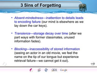 3 Sins of Forgetting 
• Absent-mindedness—inattention to details leads 
to encoding failure (our mind is elsewhere as we 
lay down the car keys). 
• Transience—storage decay over time (after we 
part ways with former classmates, unused 
information fades). 
• Blocking—inaccessibility of stored information 
(seeing an actor in an old movie, we feel the 
name on the tip of our tongue but experience 
retrieval failure—we cannot get it out). 
Processes Models Sensory Attention STM LTM Networks 
Cues Eyewitness Problems False Forgetting Formation Alzheimer’s 
 