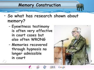 Memory Construction 
• So what has research shown about 
memory? 
– Eyewitness testimony 
is often very effective 
in court cases but 
also often WRONG 
– Memories recovered 
through hypnosis no 
longer admissible 
in court 
Processes Models Sensory Attention STM LTM Networks 
Cues Eyewitness Problems False Forgetting Formation Alzheimer’s 
 