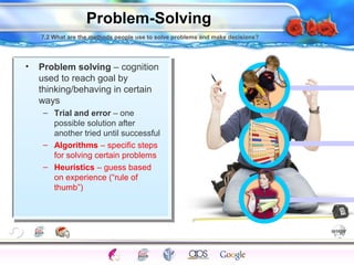 7.2 What are the methods people use to solve problems and make decisions? 
Intelligence Gardner 
Problem-Solving 
• Problem solving – cognition 
used to reach goal by 
thinking/behaving in certain 
ways 
– Trial and error – one 
possible solution after 
another tried until successful 
– Algorithms – specific steps 
for solving certain problems 
– Heuristics – guess based 
on experience (“rule of 
thumb”) 
Cognition Concepts Problems A.I. Creativity 
I.Q. Wechsler Bias Delay Terman Heredity 
Animal 
 