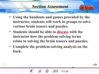 • Using the handouts and games provided by the 
instructor, students will work in groups to solve 
various brain teasers and puzzles. 
• Students should be able to discuss with the 
instructor how the problem-solving terms 
relate to solving the brain teasers and puzzles. 
• Complete the problem-solving analysis on the 
back. 
95 
Intelligence Gardner 
Section Assessment 
Cognition Concepts Problems A.I. Creativity 
I.Q. Wechsler Bias Delay Terman Heredity 
Animal 
 
