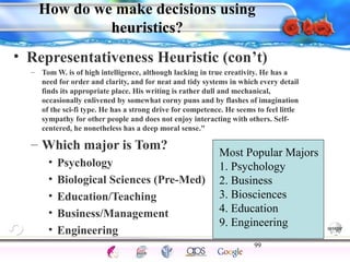 How do we make decisions using 
• Representativeness Heuristic (con’t) 
– Tom W. is of high intelligence, although lacking in true creativity. He has a 
need for order and clarity, and for neat and tidy systems in which every detail 
finds its appropriate place. His writing is rather dull and mechanical, 
occasionally enlivened by somewhat corny puns and by flashes of imagination 
of the sci-fi type. He has a strong drive for competence. He seems to feel little 
sympathy for other people and does not enjoy interacting with others. Self-centered, 
Most Popular Majors 
1. Psychology 
2. Business 
3. Biosciences 
4. Education 
9. Engineering 
99 
Intelligence Gardner 
heuristics? 
he nonetheless has a deep moral sense." 
– Which major is Tom? 
• Psychology 
• Biological Sciences (Pre-Med) 
• Education/Teaching 
• Business/Management 
• Engineering 
Cognition Concepts Problems A.I. Creativity 
I.Q. Wechsler Bias Delay Terman Heredity 
Animal 
 