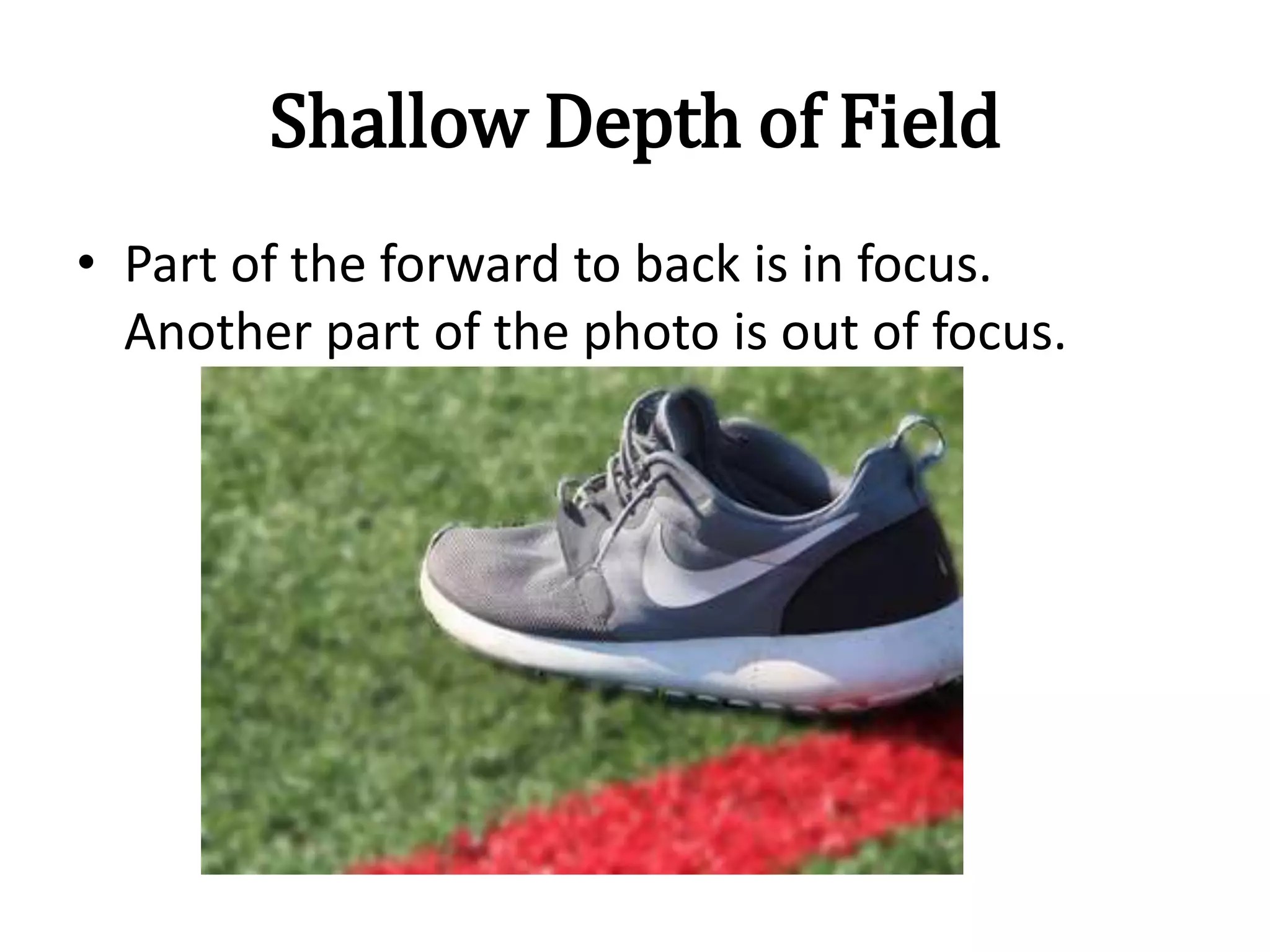 Shallow Depth of Field
• Part of the forward to back is in focus.
Another part of the photo is out of focus.
 