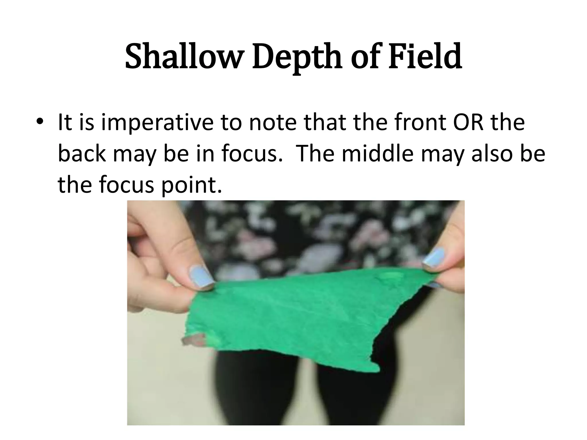 Shallow Depth of Field
• It is imperative to note that the front OR the
back may be in focus. The middle may also be
the focus point.
 