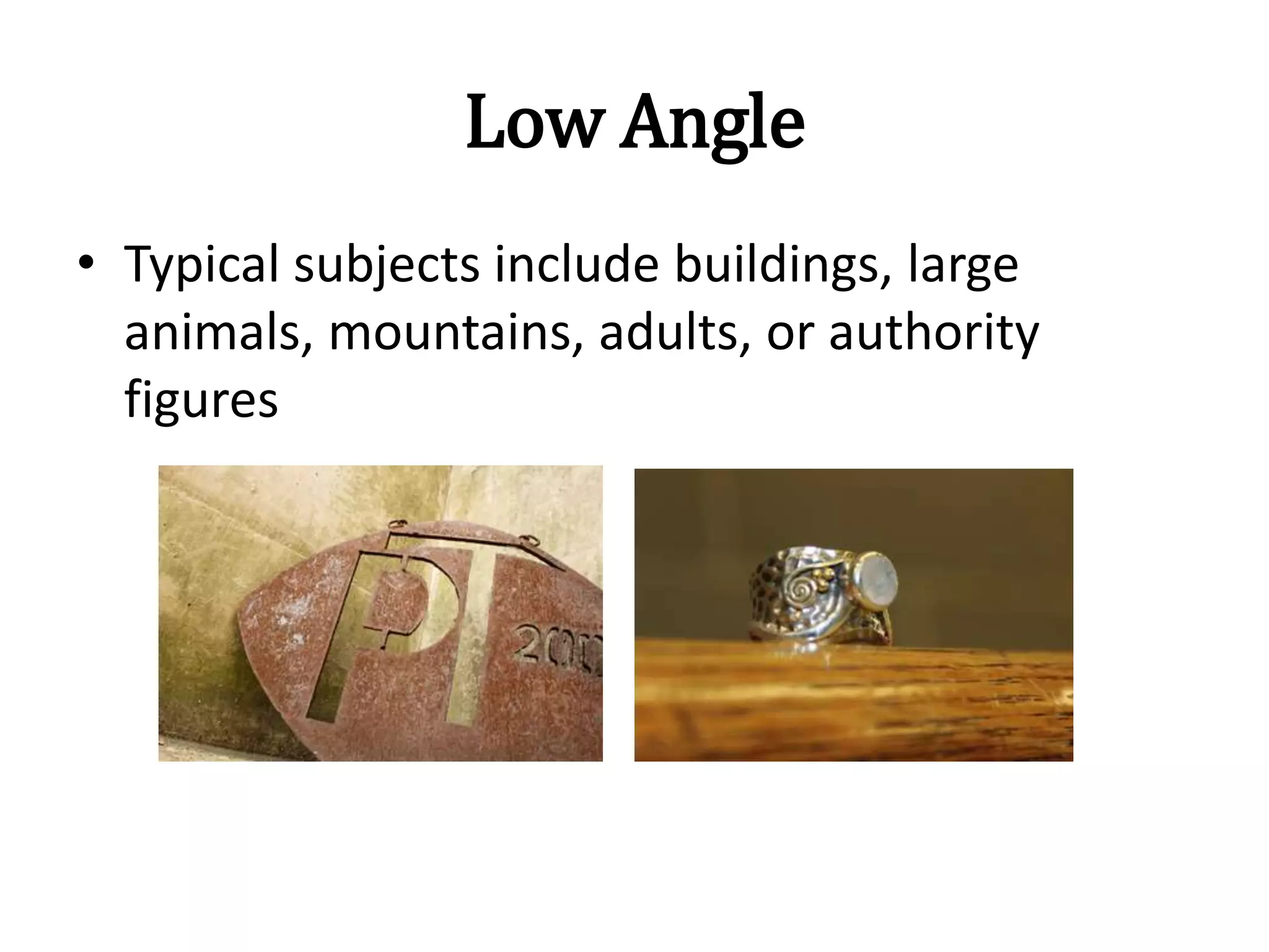 Low Angle
• Typical subjects include buildings, large
animals, mountains, adults, or authority
figures
 